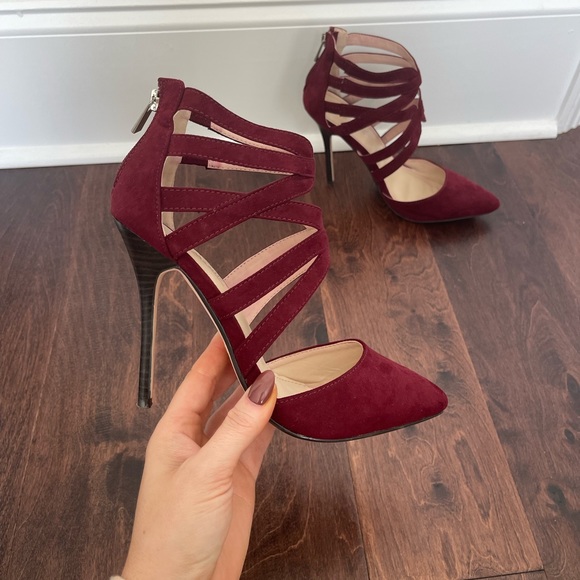 GORGEOUS Sexy Strappy Maroon Heels Pumps Shoes Wine Dark Red, Holiday shoes, 7.5 - Picture 3 of 5